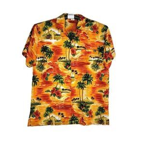 Creations Hawaiian Sunrise Button Up Shirt Men's Size Large Orange Red Terivole